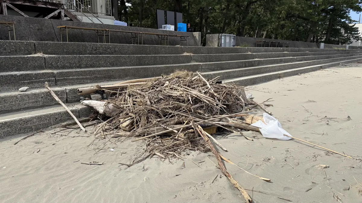 清掃で砂浜から集めた流木やごみの山。二見浦の海岸の護岸の階段の前